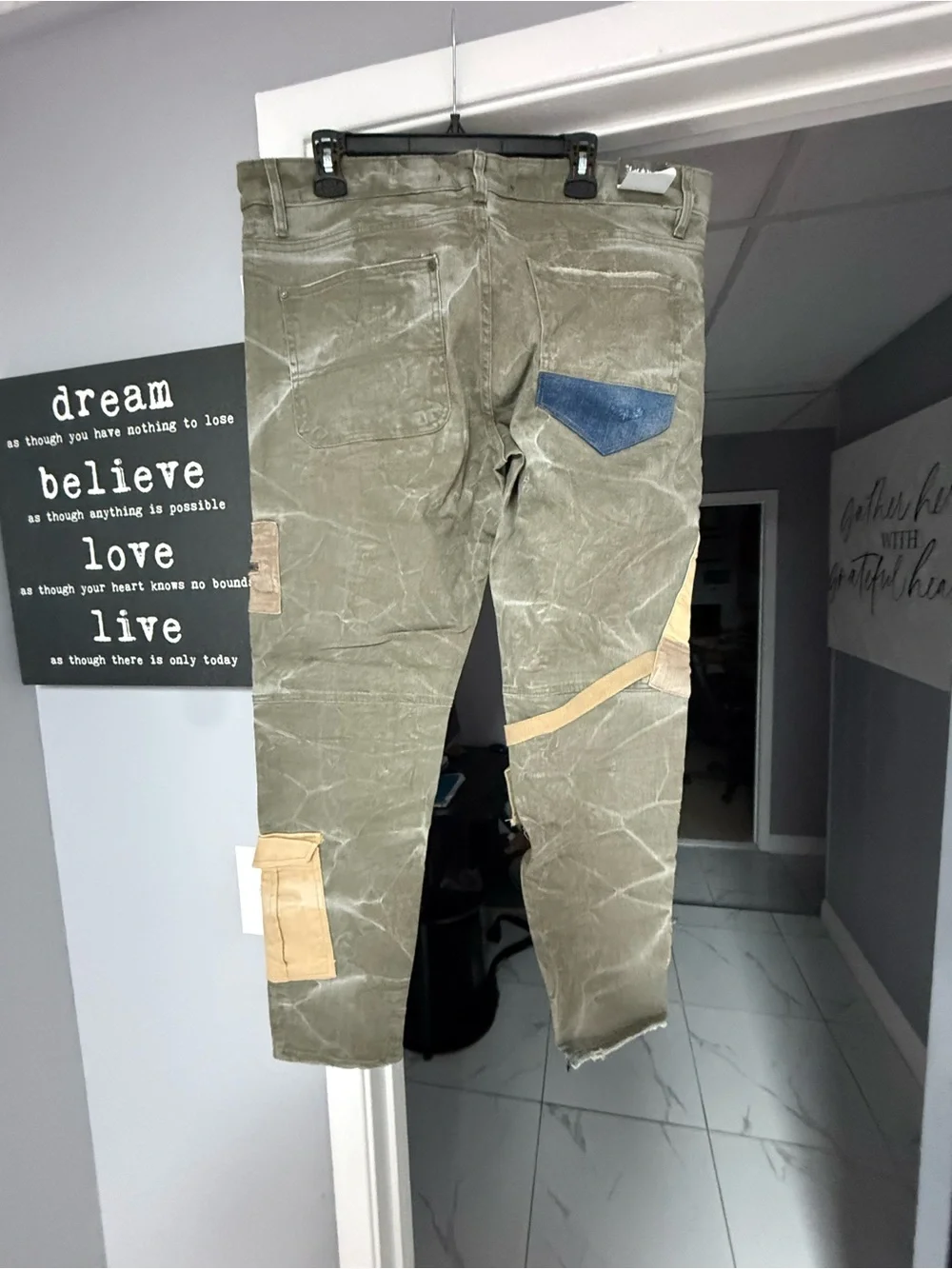 Jordan Craig Patchwork jeans in Olive Green with Multi-Panel Details